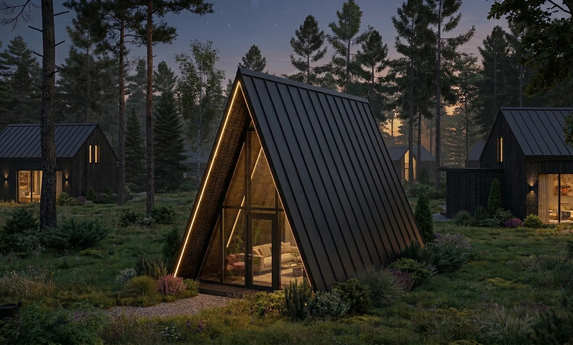A-frame глэмпинга вечером среди сосен