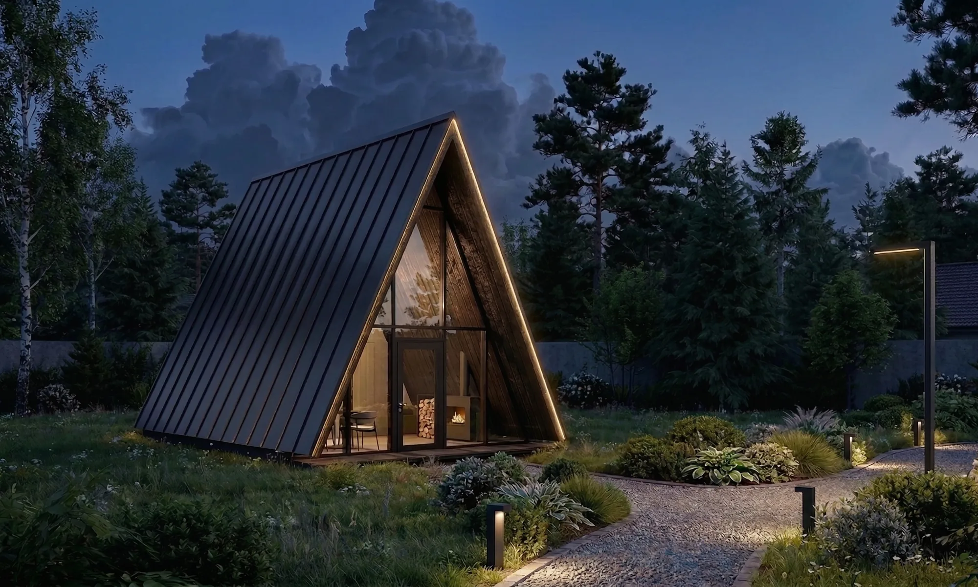 A-frame ночью, подсветка дорожек